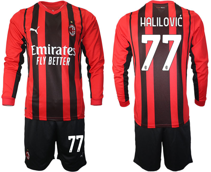 Cheap Men 2021-2022 Club Ac Milan home red Long Sleeve 77 Soccer Jersey